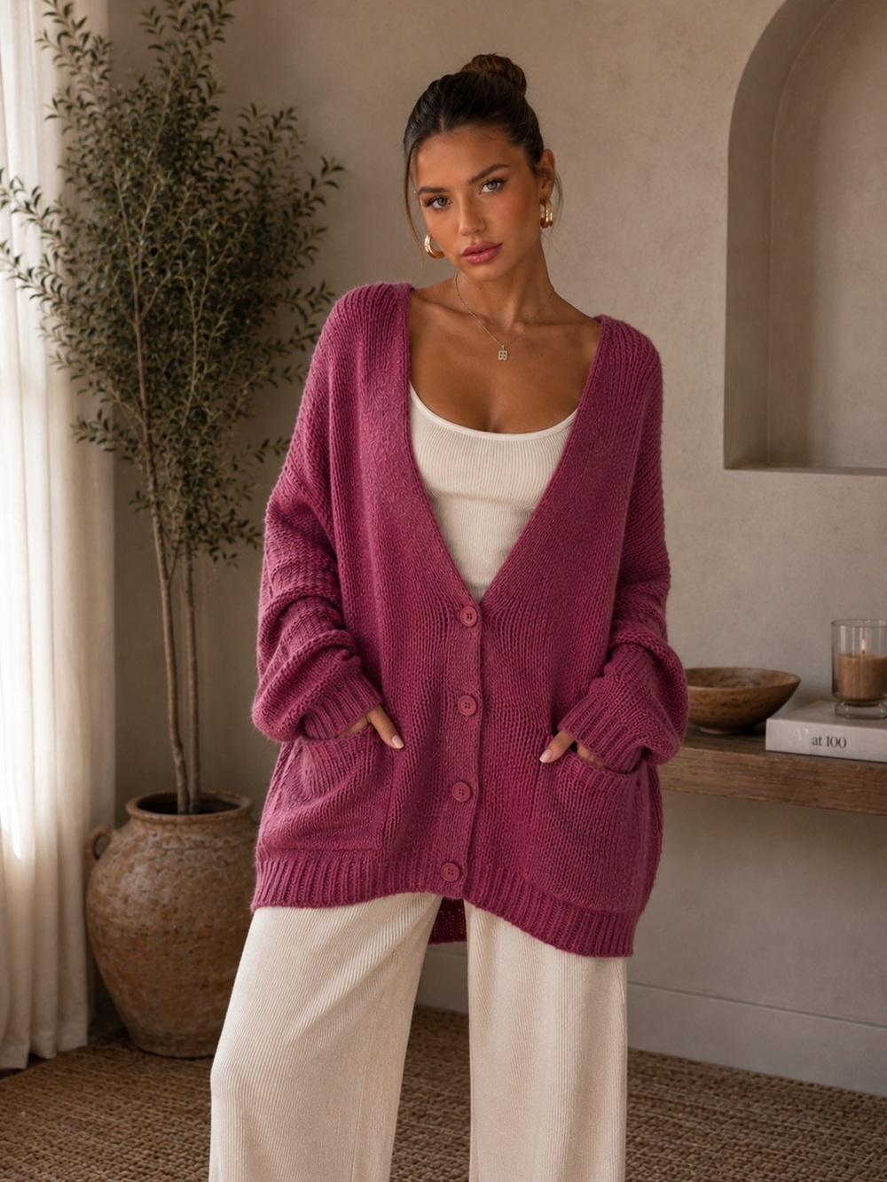 Easel Raspberry Slouchy Knit Cardigan Sweater Soft Oversized New S-L ET21418 - Picture 1 of 8